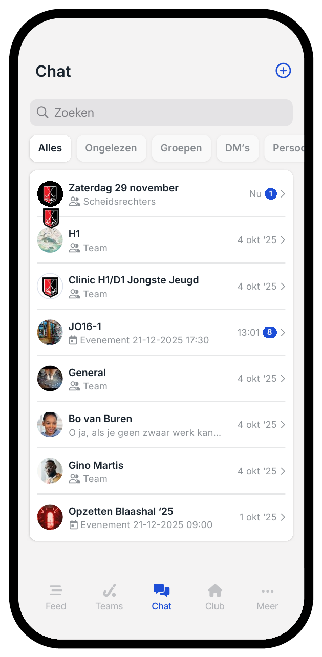 Chat overzicht in de ClubApp